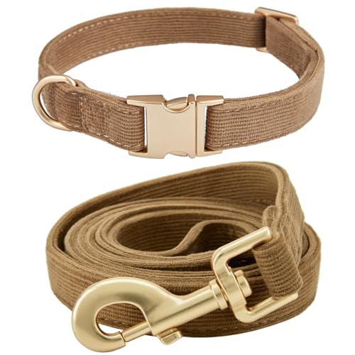 YUDOTE Hundehalsband und Leine Set Mittel, Weiche Reizfreie Cord-Halsband-Leine Passende Combo für Den Täglichen Spaziergang, Braun von YUDOTE