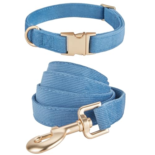 YUDOTE Hundehalsband und Leine Set Mittel, Weiche Reizfreie Cord-Halsband-Leine Passende Combo für Den Täglichen Spaziergang, Blau von YUDOTE