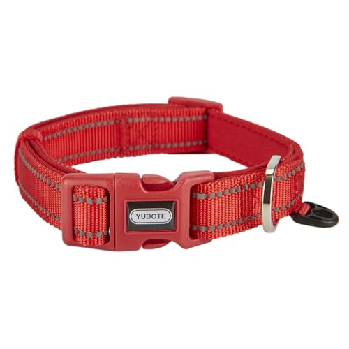 YUDOTE Reflektierendes, verstellbares Nylon-Hundehalsband mit reflektierender, weicher Neopren-Polsterung für große Hunde, den täglichen Gebrauch, Rot von YUDOTE