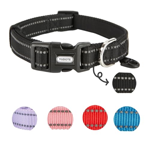 YUDOTE Reflektierendes, verstellbares Nylon-Hundehalsband mit reflektierender, weicher Neopren-Polsterung für mittelgroße Hunde, den täglichen Gebrauch, Schwarz von YUDOTE