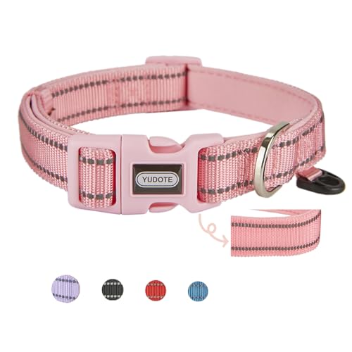 YUDOTE Reflektierendes, verstellbares Nylon-Hundehalsband mit reflektierender, weicher Neoprenpolsterung für große Hunde, den täglichen Gebrauch, Rosa von YUDOTE