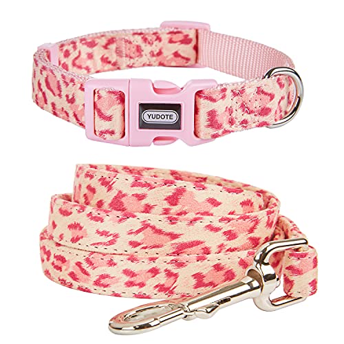 YUDOTE Set aus Hundehalsband und Leine, klein, weich, stark, mit hochwertigem Beflockungsstoff für mittel Rassen tägliches Gehen, rosa Leopardenmuster von YUDOTE