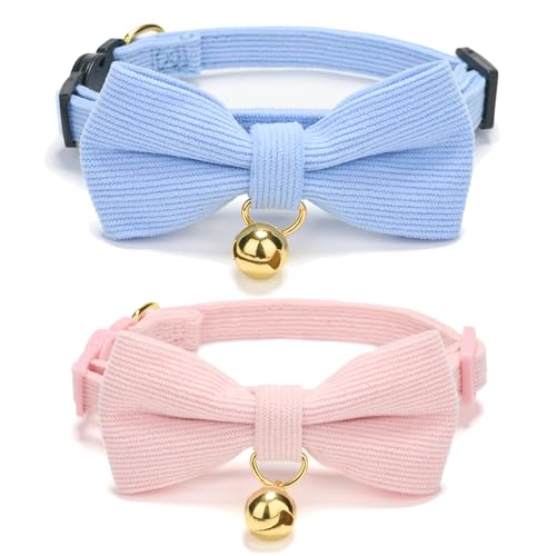 YUDOTE Ultra-weiches Halsband aus natürlichem Baumwollcord für Katzen mit empfindlicher Haut, leichtes Kätzchenhalsband mit Schnellverschluss und abnehmbarer Schleife, Hellblau,Fflieder, 2er Pack von YUDOTE