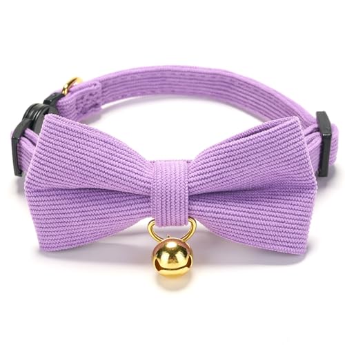 YUDOTE Ultra-weiches Halsband aus natürlichem Baumwollcord für Katzen mit empfindlicher Haut, leichtes Kätzchenhalsband mit Schnellverschluss und Abnehmbarer Schleife, Lila, 1er Pack von YUDOTE