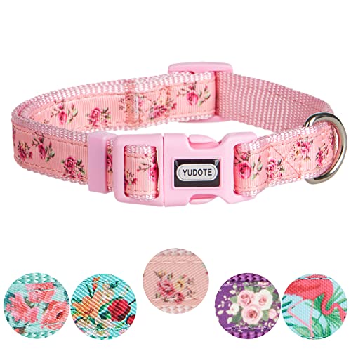 YUDOTE Verstellbares Rosa Nylon-Hundehalsband Klein mit Blume Gemustertem Band für Aktive Hündin Nackengröße 25-38cm von YUDOTE