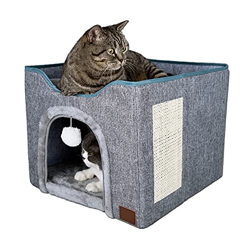 YUDOXN Faltbares Haus für Katzen mit Terrasse, zusammenklappbar, Höhle für Katzen und kleine Hunde, Flauschige Kugel zum Aufhängen und Kratzen (Large) von YUDOXN