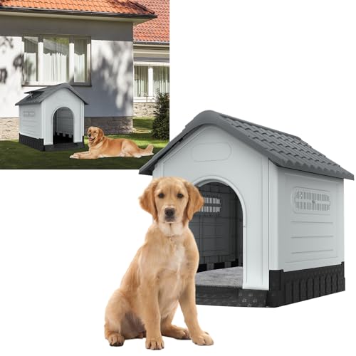 YUENFONG Hundehütte für Hunde, Hundehaus Extra Große Haustierhaus Plastik, Abnehmbar Haustierhütte Kleintierhaus mit Lüftungsgitter, für Hunde Katzen, 65x56.5x67cm, Grau von YUENFONG