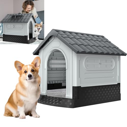 YUENFONG Hundehütte für Hunde, Hundehaus Große Haustierhaus Plastik, Abnehmbar Haustierhütte Kleintierhaus mit Lüftungsgitter, für Hunde Katzen, 65x56.5x67cm, Grau von YUENFONG