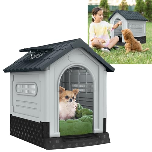 YUENFONG Hundehütte für Hunde, Hundehaus Mittelgroße Haustierhaus Plastik, Abnehmbar Haustierhütte Kleintierhaus mit Lüftungsgitter, für Hunde Katzen, 65x56.5x67cm, Grau von YUENFONG