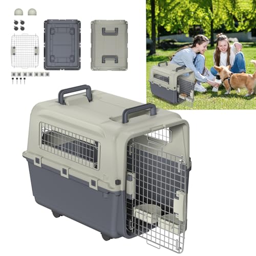 YUENFONG Transportbox, Hundetransportbox katzentransportbox für Hunde und Katzen, Hundebox mit Eisen Tür & Lüftungsschlitze, inkl. Kissen und Napf, 67x51x58.5cm, mit Rädern & Metallfenster von YUENFONG