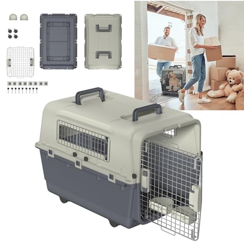 YUENFONG Transportbox, Hundetransportbox katzentransportbox für Hunde und Katzen, Hundebox mit Eisen Tür & Lüftungsschlitze, inkl. Kissen und Napf, 80x57x70cm, mit Rädern & Metallfenster von YUENFONG