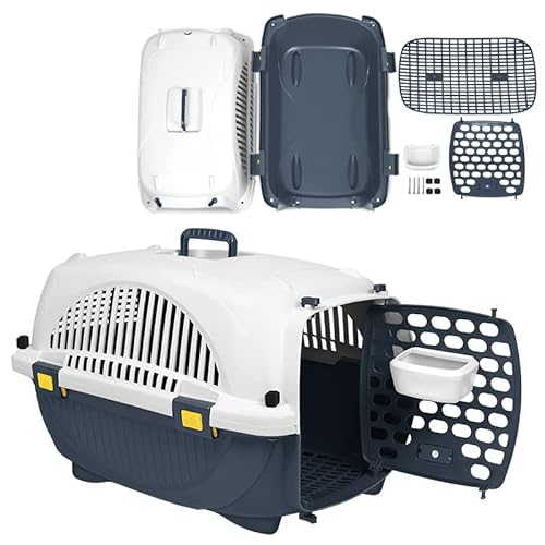 YUENFONG Transportbox Katzen 61x37x37cm Katzentransportbox für kleine Hunde, Tiertransporter aus ABS & PP Kunststoff Material, mit Metalltür & Napf, Grau und Weiß von YUENFONG