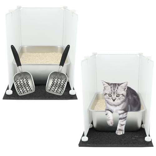 YUEPET 2 Sets Edelstahl-Katzentoilette mit hohen Seiten, langlebiges Metall-Katzentoilettenbecken zur Geruchskontrolle, mit 10 Katzentoiletten, Spritzschutz, 2 Katzenstreuschaufeln, 2 von YUEPET