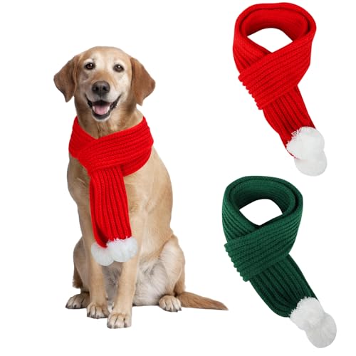 YUEPET Strickschal für Hunde, Weihnachtsmann-Schal mit weißem Bommel, Halstücher für Männer, Frauen, mittelgroße und große Hunde, Winter-Halswärmer für Haustiere, 2 Stück von YUEPET