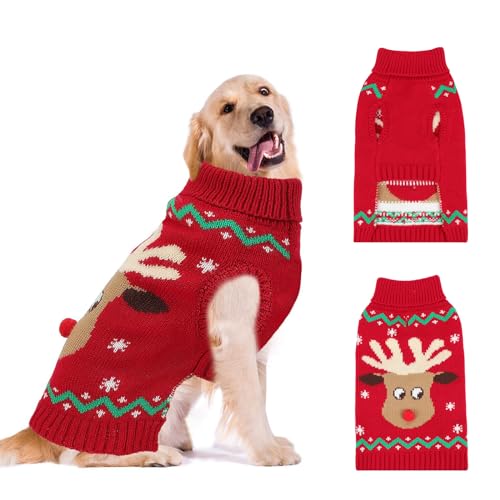 YUEPET Weihnachtspullover für Hunde, Rentier, Schneeflocke, Weihnachts-Hunde-Outfits mit Loch für die Leine, klassischer Rollkragenpullover für mittelgroße Hunde (Größe M) von YUEPET