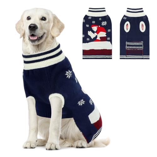 YUEPET Weihnachtspullover für große Hunde, mit Schneeflocke und Weihnachtsmann, warmer Rollkragenpullover mit Loch für die Leine für Welpen, mittelgroße und große Hunde für Herbst und Winter, Größe M von YUEPET