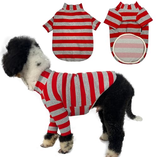 YUERUIJIA Hunde-gestreifte Hemden, modisch, Basic-Bein-Pyjama für Hunde, super weich, Jammies, Waffelmuster, Pullover, T-Shirt für kleine, mittelgroße und große männliche und weibliche Hunde (rot, von YUERUIJIA