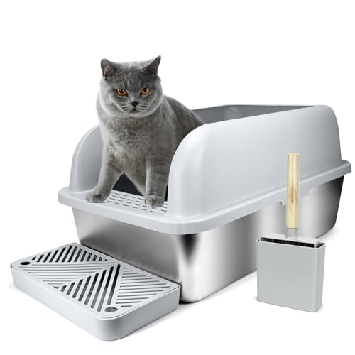 Katzentoilette aus Edelstahl, Metall-Katzentoilette, geeignet für große Katzen, mit Tablett und hoher Wand-Seitenabdeckung, halbgeschlossen, antihaftbeschichtet, auslaufsicher, leicht zu reinigen, von YUEWREN