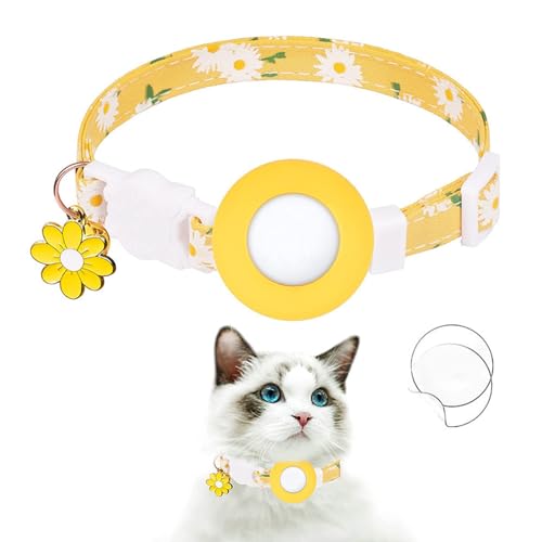 Airtag Katzenhalsband, Katzenhalsband mit Apple-Airtag-Halterung für Kätzchen, Katzen-GPS-Tracker, verstellbare Halsbänder mit Glocken und Blumen-Charm, Sicherheits-Schnellverschluss-Schnalle für von YUEYINGMG