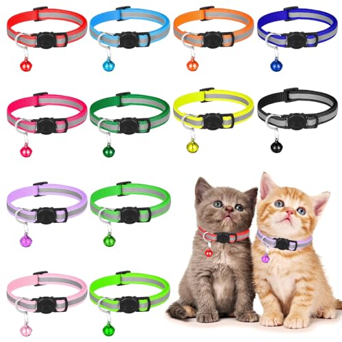 12 Stück Katzenhalsband mit Glocke Reflektierendes, Komfortabel Halsband Katze Katzen Halsbänder Katzenhalsband mit Sicherheitsverschluss, Verstellbar Cat Collar Katzenhalsbänder für Hauskatzen von YUFFQOPC