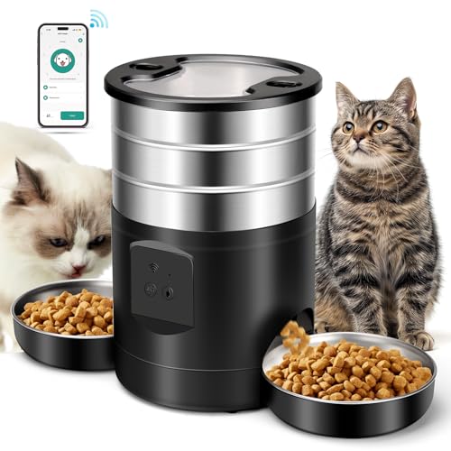 5L Automatischer Futterautomat Katze 2 Näpfe, Katzenfutter Automat 2.4G WiFi Edelstahl Anti-Clog 24h Timer 1-10 Mahlzeiten Tag 1-40 Portionen, Futterspender Trockenfutterspender für Hunde Katzen von YUGUPAM