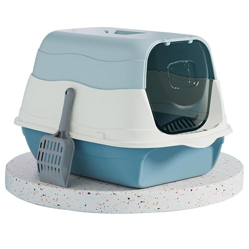 2-in-1 Cat Litter Tray,Geschlossen/offen,Hochwertiges PP,Herausnehmbar,Leicht zu reinigen,Geeignet für große Katzen und Kätzchen,48x34x31cm,Grün/Blau (Blue) von YUHANG