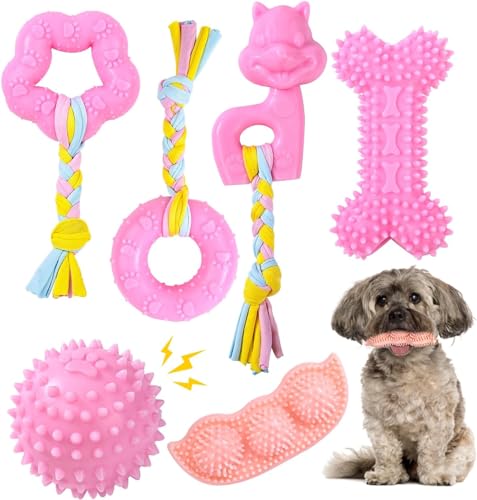 YUKOOY Welpenspielzeug, Kauspielzeug für zahnende kleine Hunde, Quietschspielzeug, weich und langlebig, zum Reinigen der Zähne und schützt die Mundgesundheit, Rosa, 6 Stück von YUKOOY