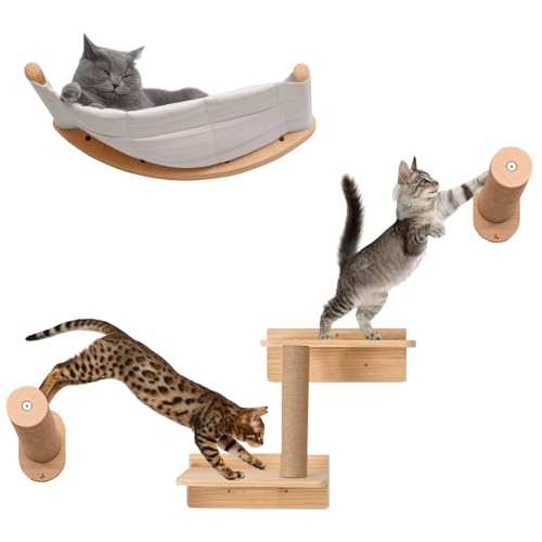 Katzen kletterwand Set, 5-teilig Katzenmöbel aus Massivholz mit Katzen-Wandstufen Katzenliege Kratzbaum, Moderne Holzfarbe Innenmöbel für Katze Schlafen Spielen Lounging von YULEYU