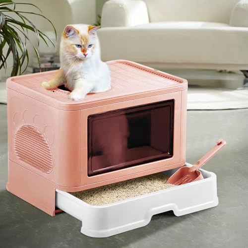 Faltbare Katzentoilette mit Deckel für Katzen mit ausziehbarem Tablett, Katzentoilette mit abnehmbaren Becken, geräumige Schaufel für Katzen bis 15 kg (48,5 x 36,5 x 38 cm, Rosa) von YUMZXIN