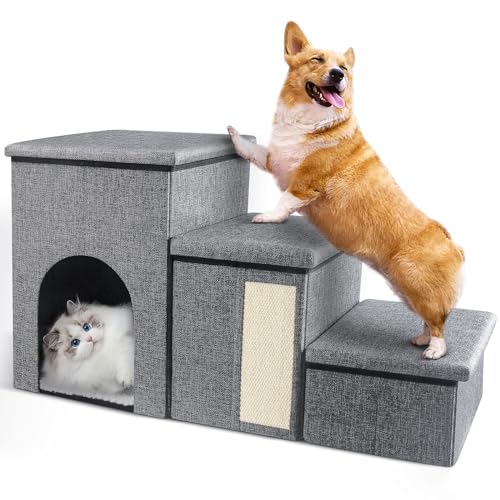 Faltbare Hundetreppe für kleine Hunde/Katzen/Welpen, 3-stufige Haustiertreppe mit Aufbewahrungsbox und Haustierhütte für hohe Betten, Couch und Fensterbank, hält bis zu 30 kg von YUNLINLI