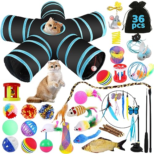 YUTUY Katzenspielzeug Set mit Katzentunnel,36 pcs Katzenspielzeug mit Katzentunnel,Katzenspielzeug mit katzentunnel,Katzen Spielzeug Set,Federspielzeug,Spielzeugmäuse Katzen,Fisch,5-Wege katzentunnel von YUTUY