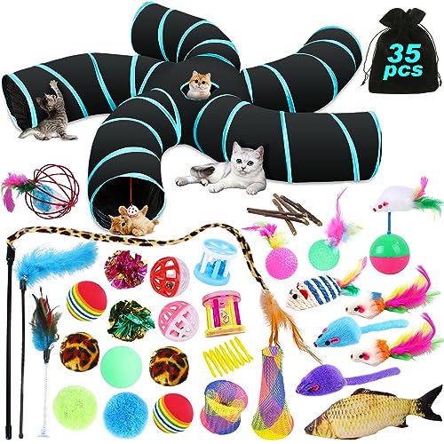 YUTUY Katzenspielzeug Set mit Katzentunnel,35pcs Katzen Spielzeug auch Bälle,Federspielzeug für Katzen,Spielzeugmäuse Katzen Spielzeug Variety Pack für Kitty Katzen Plüschspielzeug von YUTUY