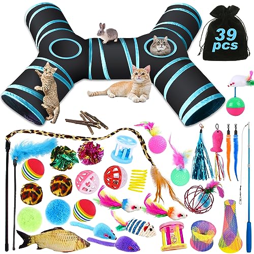 YUTUY Katzenspielzeug Set mit Katzentunnel,39pcs Katzenspielzeug mit Katzentunnel,Interaktives Katzen Spielzeug für Kätzchen,Spielzeugmäuse Spielzeug Variety Pack für Kitty Katzen von YUTUY