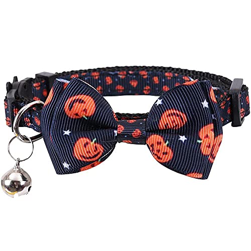 Katzenhalsband mit Glocken Halloween Katzenhalsband Fliege Geisterkürbismuster Katzenhalsband verstellbares Nylon Sicherheitskatzenhalsband-D_1.0x28CM von YVDY