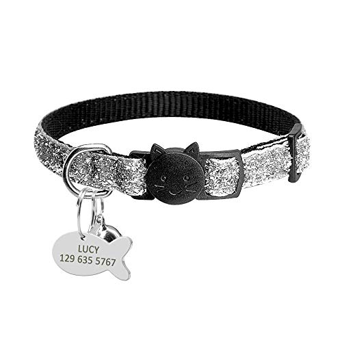 Personalisierte individuelle Katzenhalsbänder Schnellverschluss-Katzenhalsbänder mit Glocken, sichere Trennung von Katzenhalsbändern, Haustierhalskettenzubehör-Bling_Silver_Neck_for_20_to_31cm von YVDY