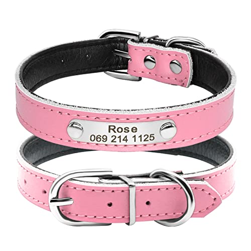 Personalisiertes, graviertes ID-Namen-Hundehalsband aus Leder für Katzen und Hunde. Personalisiertes, gepolstertes Hundehalsband für kleine bis mittelgroße Hunde,Rosa,Halsumfang 19 bis 26 cm von YVDY