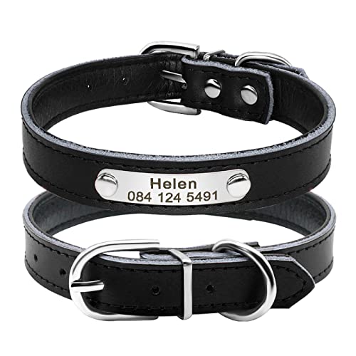 Personalisiertes, graviertes ID-Namen-Hundehalsband aus Leder für Katzen und Hunde. Personalisiertes, gepolstertes Hundehalsband für kleine bis mittelgroße Hunde,Schwarz,Halsumfang 32 bis 39 cm von YVDY