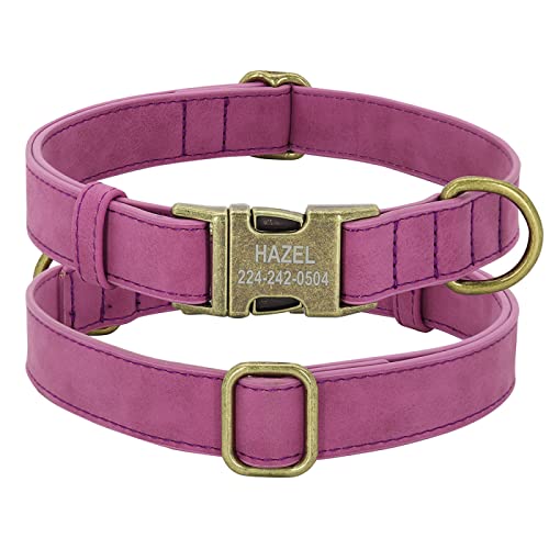 Personalisiertes ID-Hundehalsband mit Metallschnalle Ledergepolstertes Hundehalsband Personalisiertes Hundehalsband für kleine und mittelgroße Hunde,Violett,L von YVDY