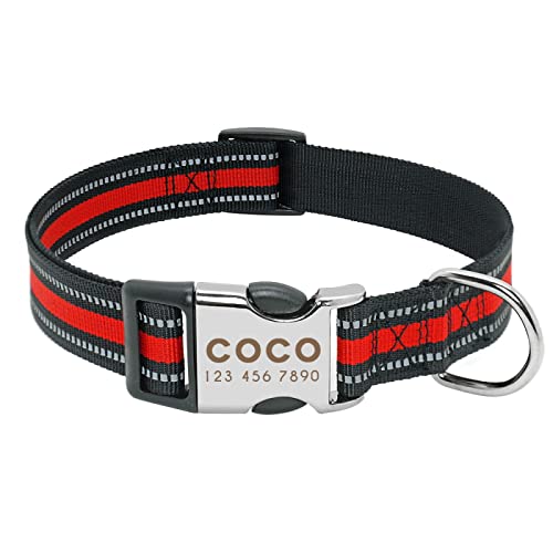 Reflektierendes Hundehalsband Nylon Hundehalsband Personalisiertes Hundehalsband Benutzerdefiniertes Graviertes Hunde-ID-Namenshalsband Anti-verlorenes Hundehalsband,rot,L von YVDY