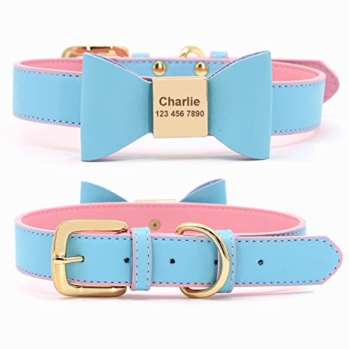 Schleife Katzenhalsband Personalisiertes Hundehalsband Weiches individuell geschnitztes Hundehalsband PU-Leder Hunde- und Katzenhalsband Anti-Loss-Haustierhalsband,Blau,26-32,5 cm von YVDY