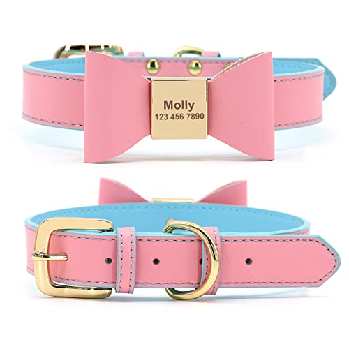 Schleife Katzenhalsband Personalisiertes Hundehalsband Weiches individuell geschnitztes Hundehalsband PU-Leder Hunde- und Katzenhalsband Anti-Loss-Haustierhalsband,Rosa,43.5-54cm von YVDY