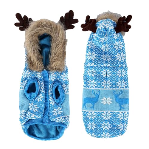 Bekleidung Hemden Kleider Anzüge Verdickter Wintermantel für Haustiere mit warmem Fleecekragen und Weihnachtsmann-Rentiergeweih-Design, großer Hundepullover für kaltes Wetter, Hunde (Blue, M) von YWBleked