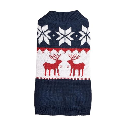 Haustier Hund Warm Mantel Jacke Weihnachts-Charme-Strickpullover mit Rundhalsausschnitt, Marineblau, Schneeflocke, Rothirsch, Teddy/Frenchie-Haustierpullover Fahrradanhänger Hunde (Blue, L) von YWBleked