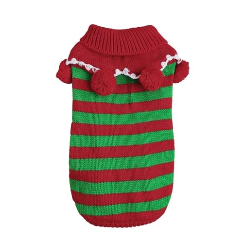 Hundepullover Dackel Weihnachten Weihnachtsthema Rot & Weiß/Rot & Grün gestreifter Strickpullover mit Bommeln, elastisch, warm, für Katzen und kleine Hunde (Green-c, S) von YWJewly