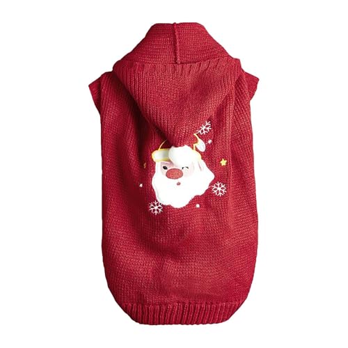 Hundepullover Kleine Hunde Weihnachten Roter Strickpullover mit Weihnachtsmann- und Weihnachtsbaummotiv und weißer Bommelmütze für mittelgroße und kleine Hunde und Katzen (Red-D, L) von YWJewly