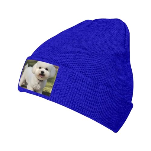 YYHWHJDE Warme Strickmütze, Bichon Frisé, Hunde-Aufdruck, weich, gute Elastizität, geeignet für den täglichen und Outdoor-Sport, Blau, Einheitsgröße von YYHWHJDE