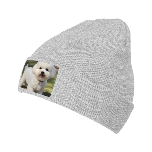 YYHWHJDE Warme Strickmütze, Bichon Frisé, Hunde-Aufdruck, weich, gute Elastizität, geeignet für den täglichen und Outdoor-Sport, Grau, Einheitsgröße von YYHWHJDE