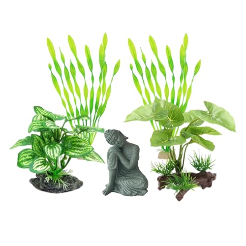 YZHZOM Aquarium Dekorationen Set, Aquarium Buddha Statue Dekorationen, Aquarium Künstliche Kunststoff Pflanzen Set, Betta Fish Tank Zubehör Aquarium Pflanzen Aquarium Dekor von YZHZOM