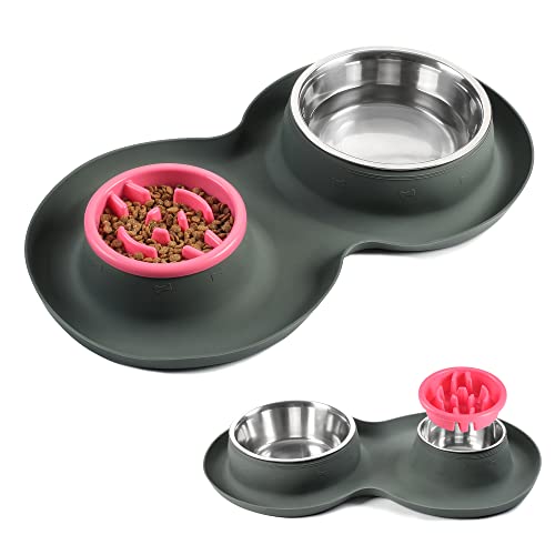 Yacee Pet Dog Bowls2 Hundenapf aus Edelstahl (1.5 l + 765 ml) mit 3 cm kein Verschütten, rutschfeste Silikonmatte + langsames Füttern von Hunden, Katzen, Puppen ies (Grau) von Yacee