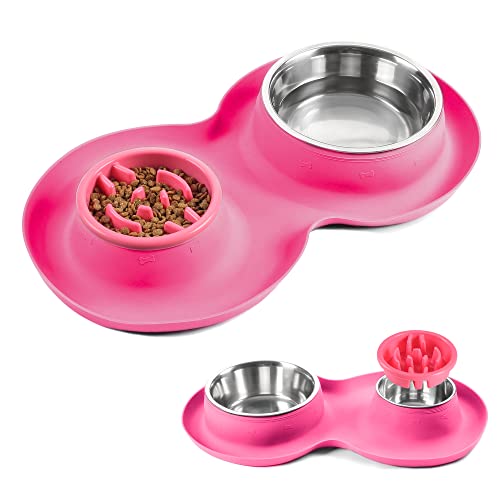 Yacee Pet Dog Bowls2 Hundenapf aus Edelstahl (1.5 l + 765 ml) mit 3 cm kein Verschütten, rutschfeste Silikonmatte + langsames Füttern von Hunden, Katzen, Puppen ies (Pink) von Yacee